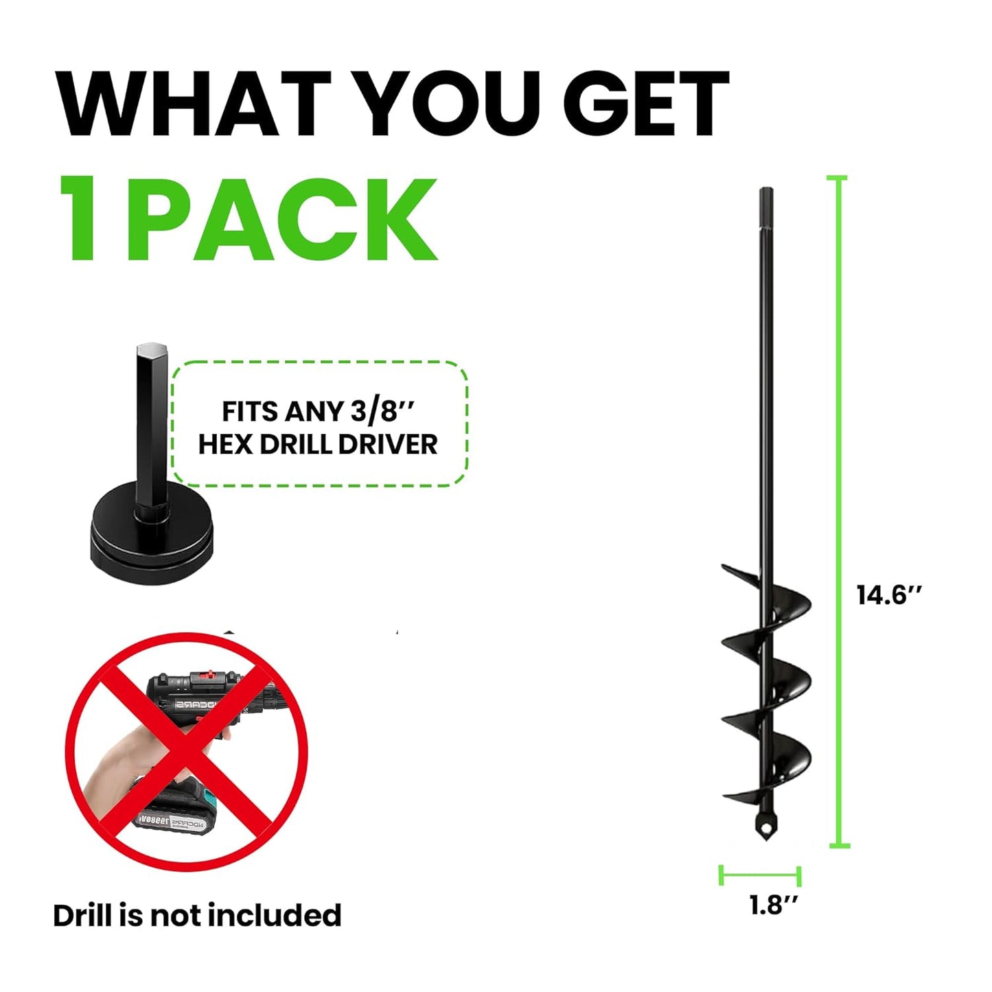 K-Brands Auger Drill Bit for Planting – 1.8 x 14.6 Inch - Garden Spiral Hole and Bulb Planter Tool for Umbrella Holes - 3/8 Inch Hex Drive