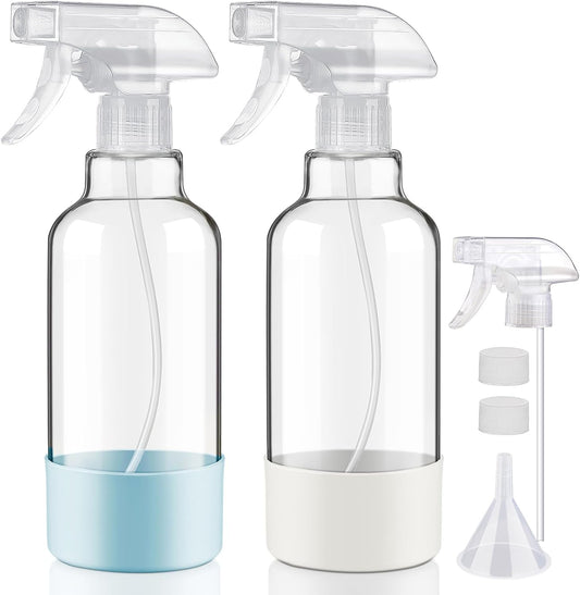 Glass Spray Bottles with Silicone Sleeve 16.9oz 2 Pack Empty Spray Bottle for Hair Mist/Stream Spraying for Cleaning Solutions, Plants, Essential Oils (clear-qblue&white)