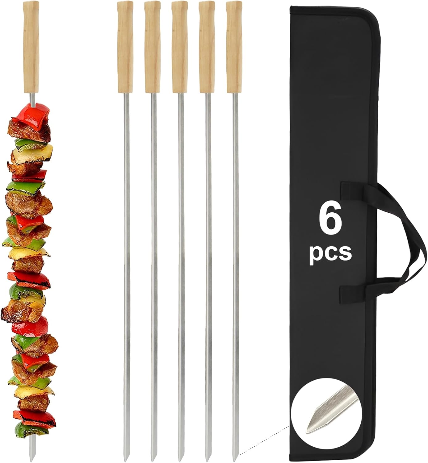 SHIKORI Kabob Skewers,BBQ Barbecue Skewers,Stainless Steel Sticks,23 Inch Heavy Duty Large Wide Reusable,with Nonslip Wooden-6 Pcs