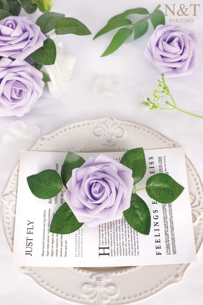 N&T NIETING Purple Artificial Flowers, 25pcs Artificial Flowers Bulk Fake Flowers Roses with Stem for DIY Wedding Bridal Bouquet Baby Shower Home Decoration, Lavender