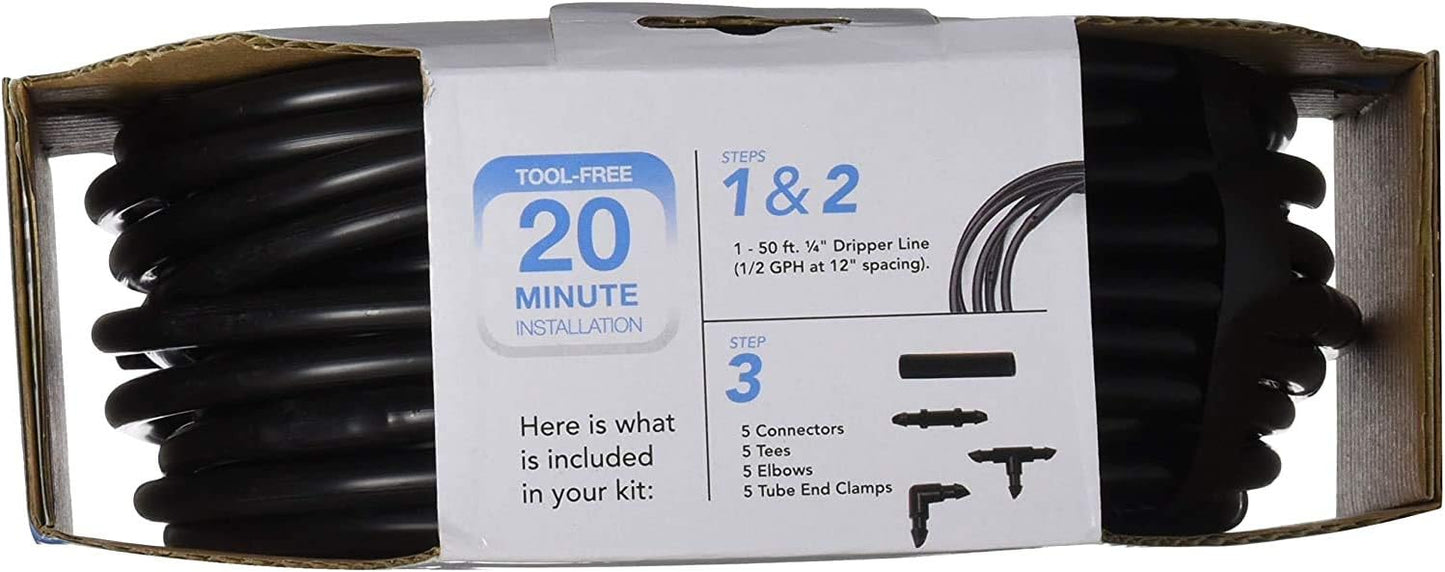 Raindrip R280DT Drip-A-Long™ 1/4 in. Dripline Kit includes 50 feet of 1/4-Inch Dripline preassembled with 1/2 GPH drippers, 5 Barbed Tees, 5 Barbed Elbows, 5 Barbed Couplings, 5 End Plugs