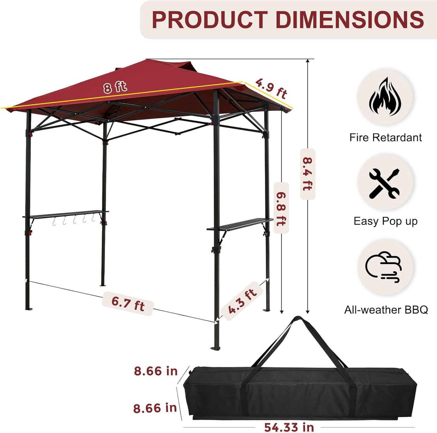 Outdoor Pop up Barbeque Grill Gazebo 8x5 with Carry Bag, Portable BBQ Canopy Tent with Handy Wired Shelf, Red