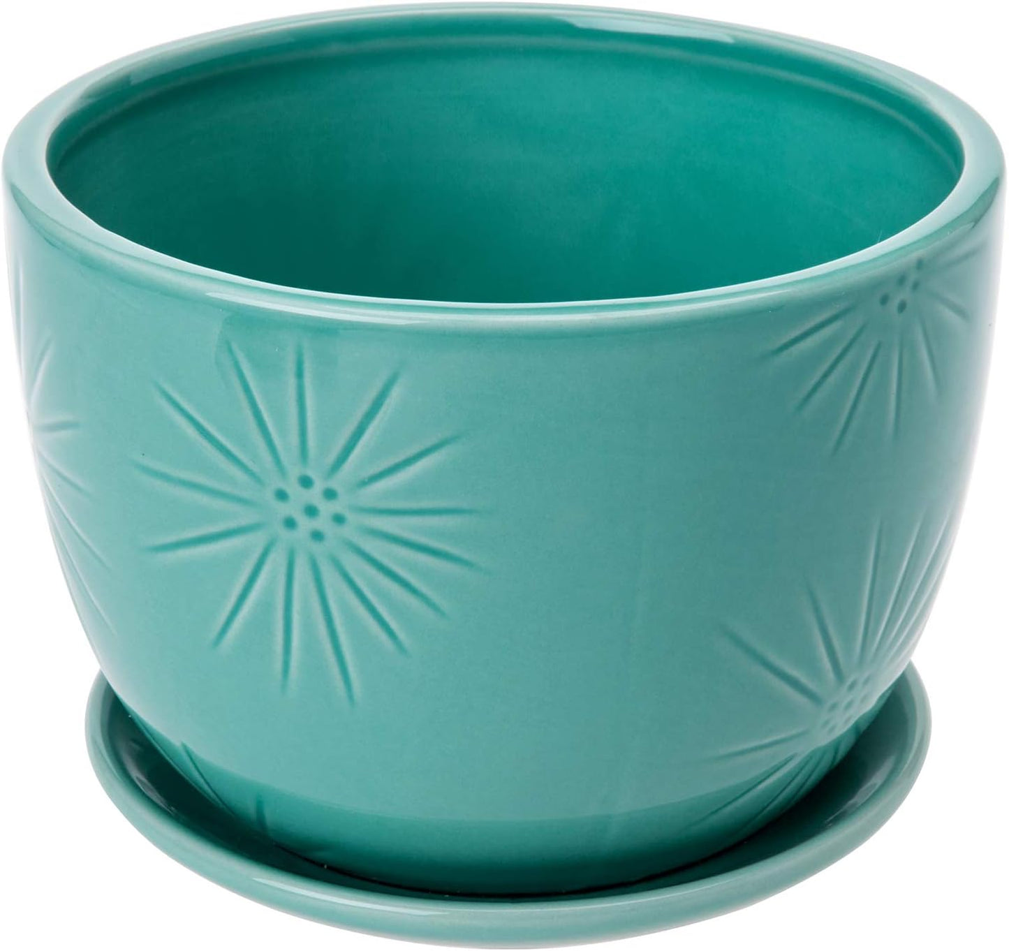 MyGift 7 Inch Round Turquoise Ceramic Plant Pot with Drainage Hole and Attached Saucer, Modern Decorative Embossed Sunburst Planter Container for Indoor Home Garden