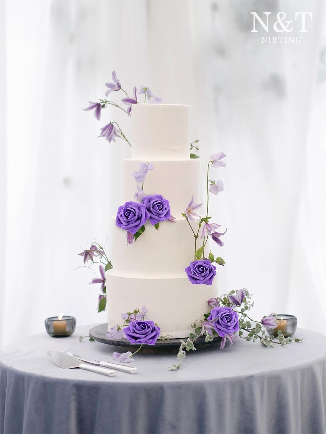 N&T NIETING Artificial Flowers Purple Roses, 25Pcs Fake Flowers Foam Roses with Stems for DIY Wedding Bridesmaid Bridal Bouquets Centerpieces Party Home Decoration Baby Shower