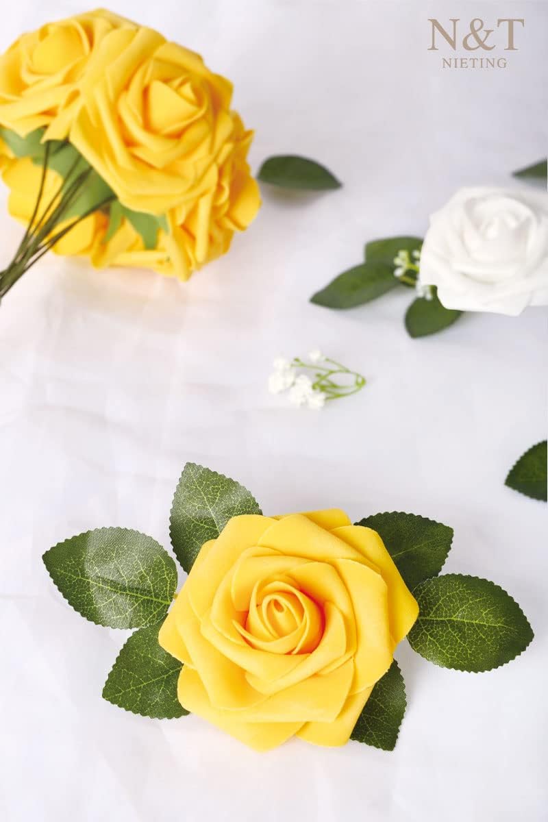 N&T NIETING Artificial Flowers, 50Pcs Fake Flowers Roses Perfect for DIY Wedding Bouquets Centerpieces Bridal Shower Party Home Flower Arrangement Decorations, Gold