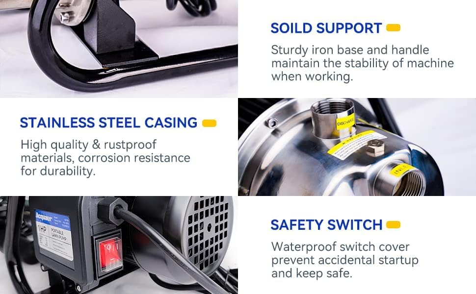 Acquaer 1 HP Portable Shallow Well Garden Pump, Stainless Steel, 998 GPH, 115V Sprinkler Water Transfer Draining Irrigation Pump for Water Removal/Lawn Garden