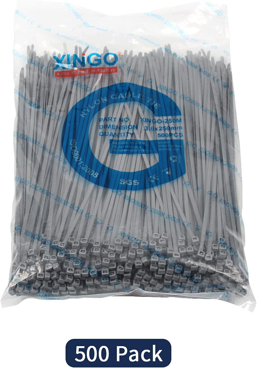 XINGO 10 Inch Cable Zip Ties (500 Pack), 40 Lbs Tensile Strength-Heavy Duty, Self-Locking Nylon Plastic Nylon Wire Ties for indoor and outdoor use (Silver)
