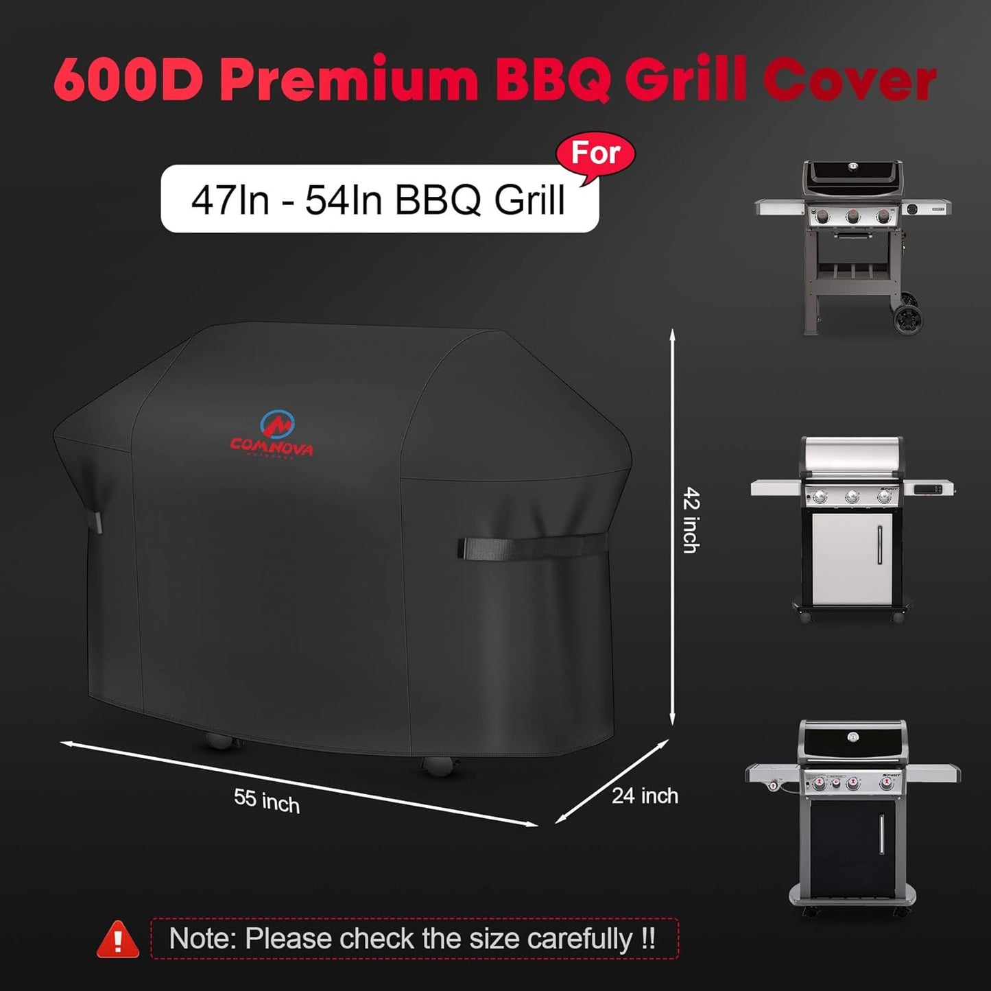 Comnova Grill Cover 55 Inch - 600D BBQ/Barbecue Gas Cover for Outdoor Grill Heavy Duty and Waterproof, Weber, Char-Broil, Nexgrill, Monument, Dyna-glo, Brinkmann and More