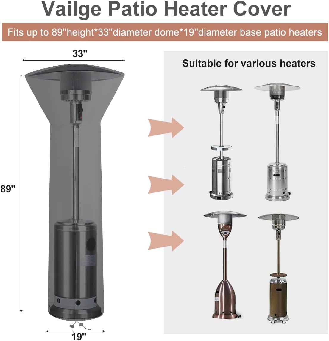 Vailge Patio Heater Covers with Zipper and Storage Bag,Heavy Duty 600D Oxford Waterproof Outdoor Heater Cover Wind-Resistant Dustproof UV-Resistant,Black,89'' Height x 33" Dome x 19" Base,2 Pack