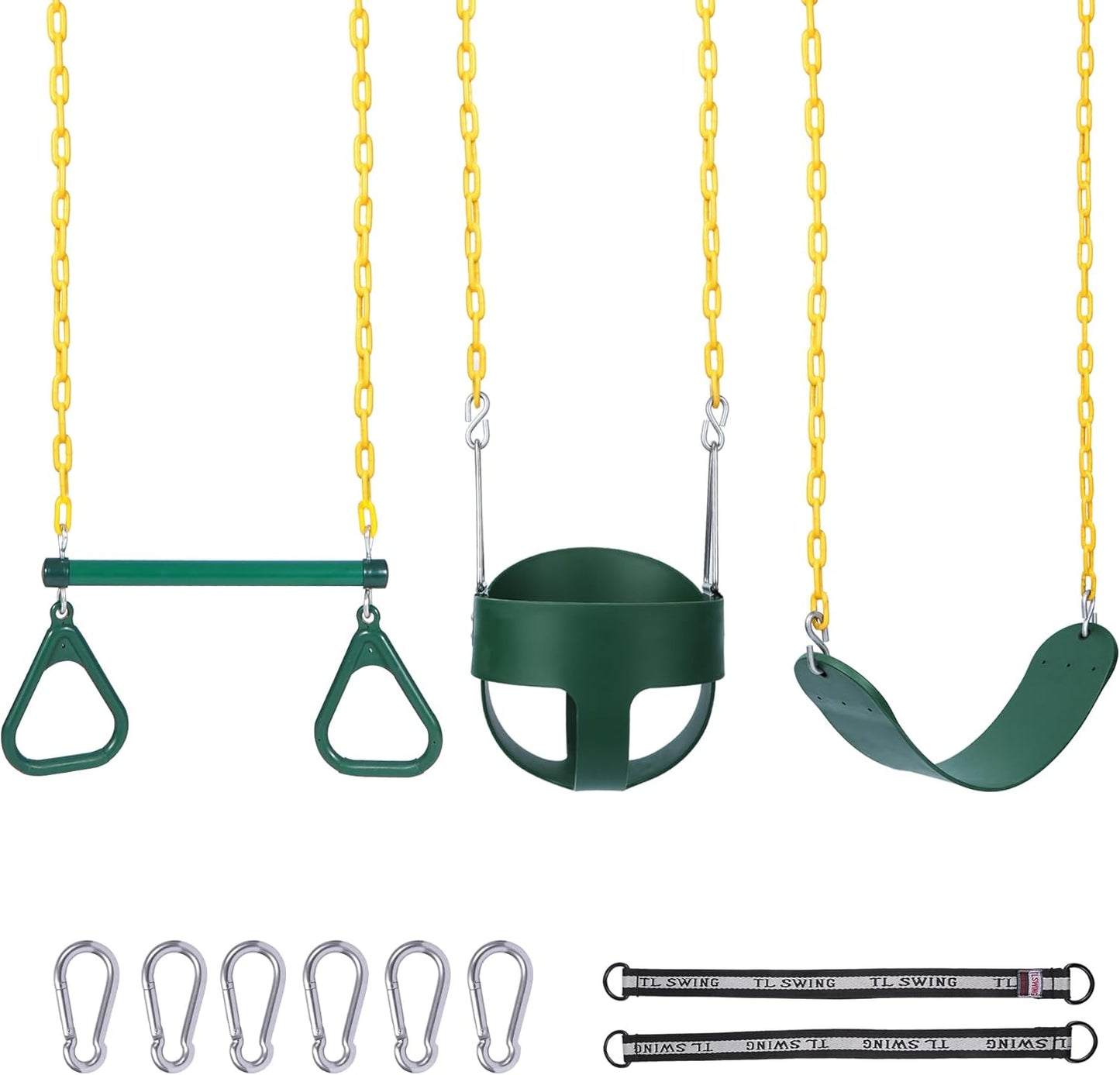 RedSwing Trapeze Swings Bar with Rings, Belt Swing Seat and Bucket Swings Combo Pack (Triangle and Chain Dip) for Kids Outdoor with 57-86" Rope,High Back Toddler Bucket Seat, Green