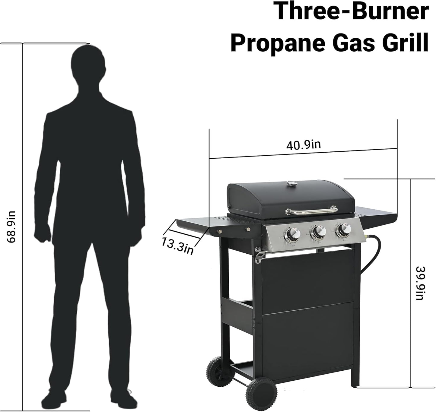 Endark 3-burner propane gas grill | 26,000 BTU stainless steel with enamel wire cooking grates and built-in thermometer | with side rack wheels | great for patio, garden, and outdoor cooking