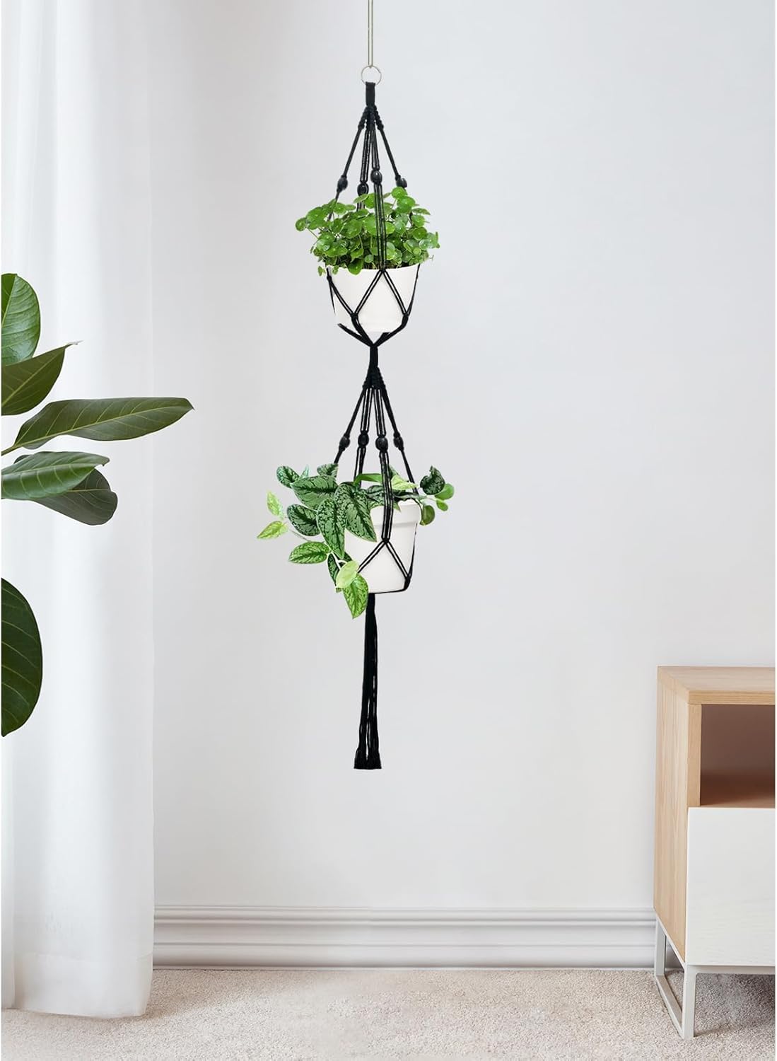 Belit 2 Pack Double Macrame Plant Hangers 2 Tier Hanging Planter Basket Decorative Flower Pot Holder Rope for Indoor Outdoor Home Decor 51 Inch, Black