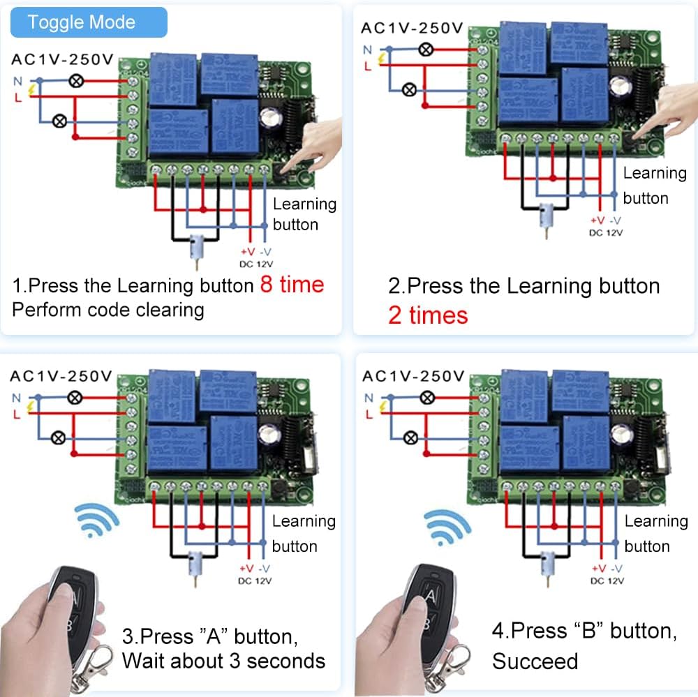 QIACHIP Universal 12V 4CH Wireless Relay Remote Module Switch RF 433Mhz with Remote Control Key Fob 2 Transmitters 1 Receiver for Light Garage Door Electric Gate,Momentary Toggle Latched(KR1204)