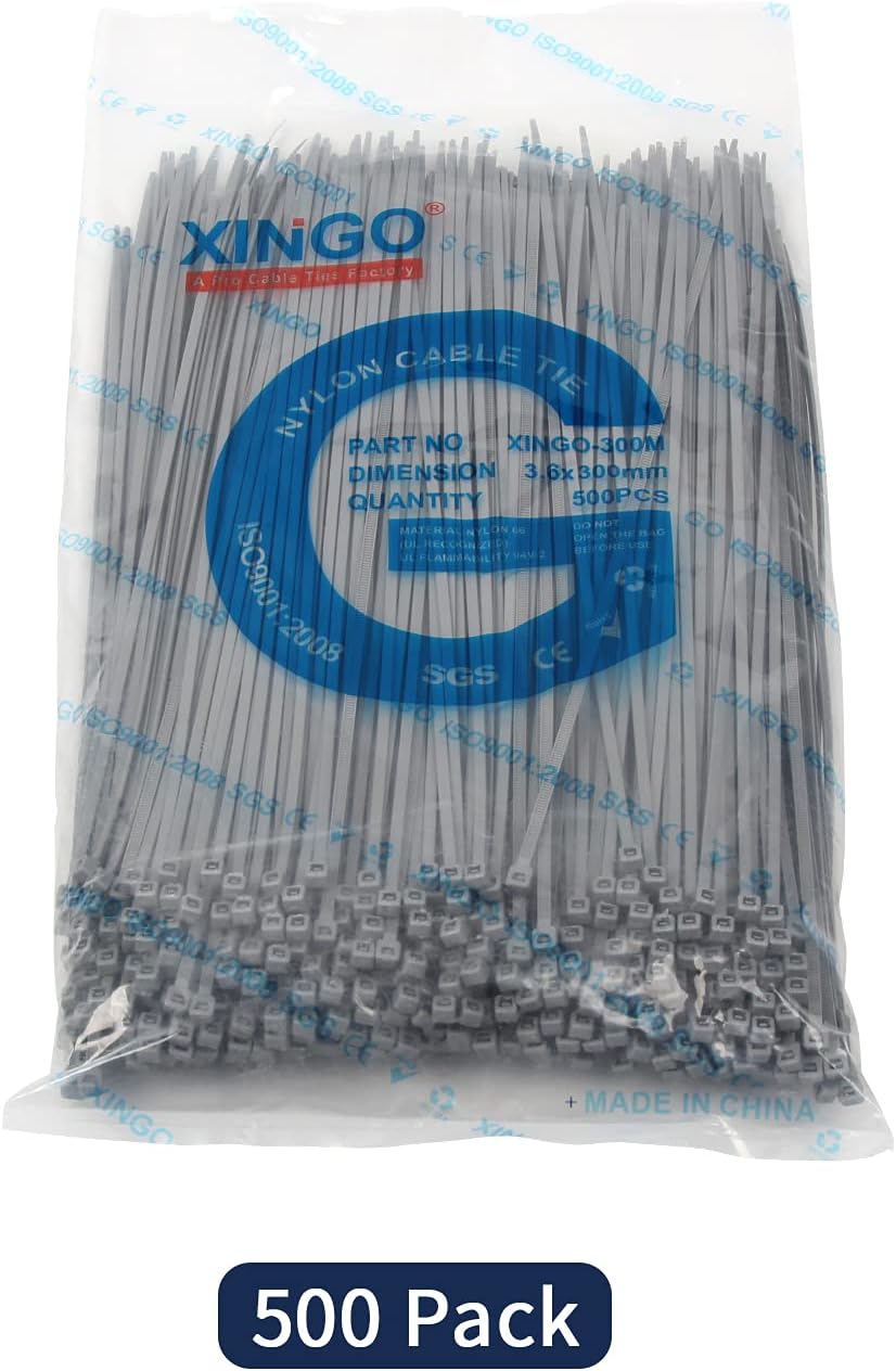 XINGO Nylon Cable Zip Ties Self Locking Plastic Wire Ties with 40 Lbs Tensile Strength for Indoor and Outdoor 12 Inch 500 Pack Silver Grey