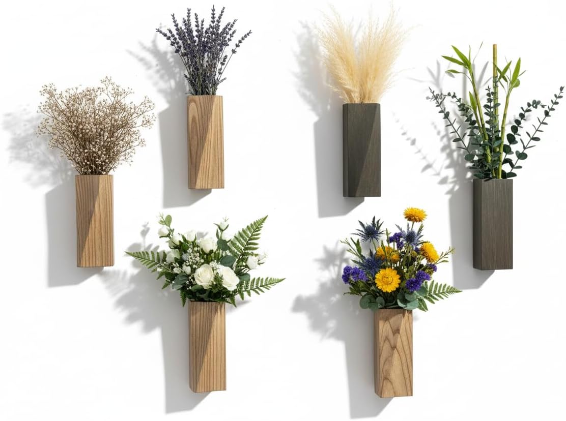 2 Pieces Wooden Wall Hanging Plant Pots Vase Contains Artificial Green Plants for Indoor Fake Plants Greenery Flowers, Modern Planters for Bathroom, Living Room, Kitchen Decor, (Wood Color)