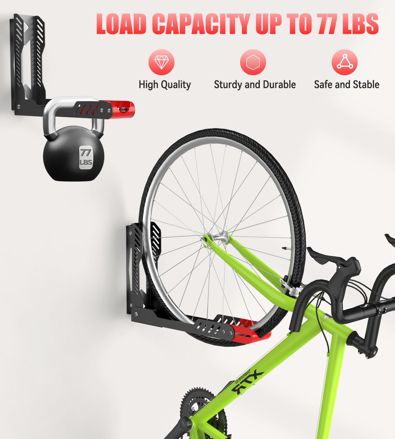 Swivel Bike Wall Mount, Space Saving Bike Rack Garage, No Heavy Lifting Required Bicycle Wall Mount, Vertical Wall Bike Hanger Can Holds up to 77 lbs, Red