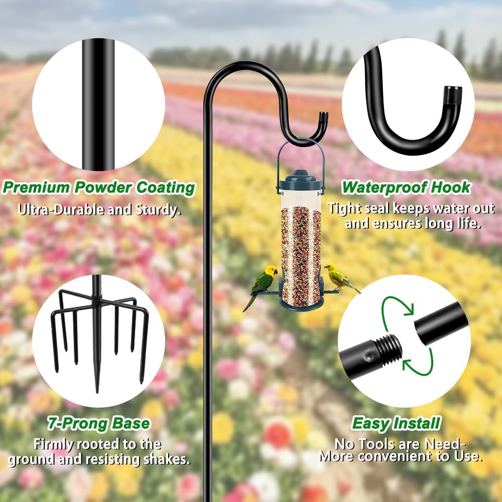 60" Shepherds Hooks for Outdoor, Heavy Duty Bird Feeder Pole for Hummingbird Feeder, Hanging Lantern, Shepherds Hook for Bird Feeders for Outside with 7 Prongs Base,1 Pack