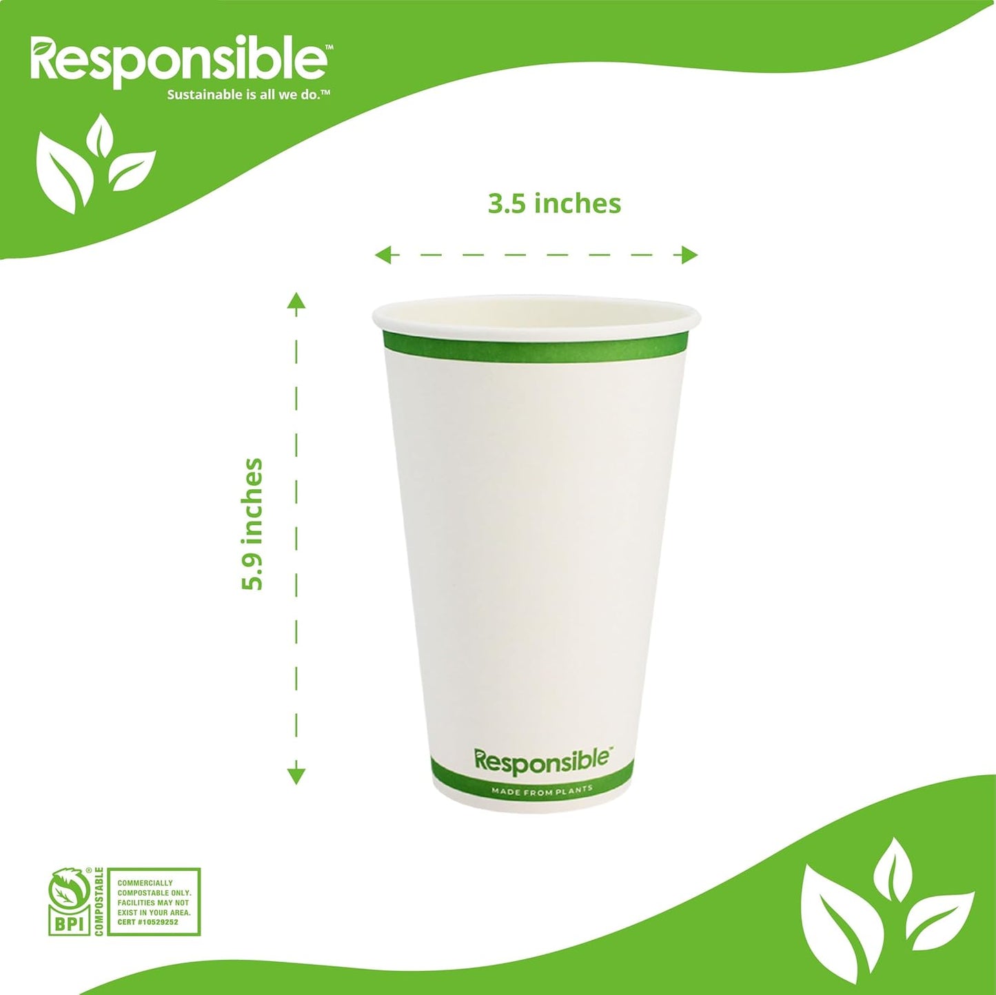 20 oz Paper Hot Cups, Tree-Less™ Compostable Paper Coffee Cups, Extra Strength, Tree-Free and Made Without PFAS, White (1000 Count)