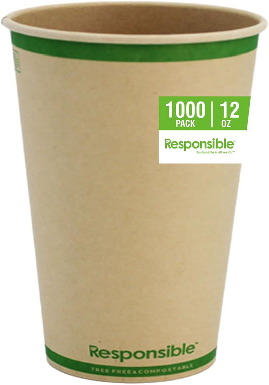 12 oz Paper Hot Cups, Tree-Less™ Compostable Paper Coffee Cups, Extra Strength, Tree-Free and Made Without PFAS, Natural Brown (1000 Count)