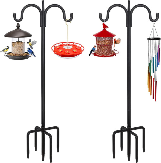 FEED GARDEN Adjustable Double Shepherds Hook for Outdoor with 5 Prong Base 76 Inch Heavy Duty Two Sided Bird Feeder Pole for Hanging Plant Baskets, Solar Light Lanterns, Wind Chimes 2 Pack