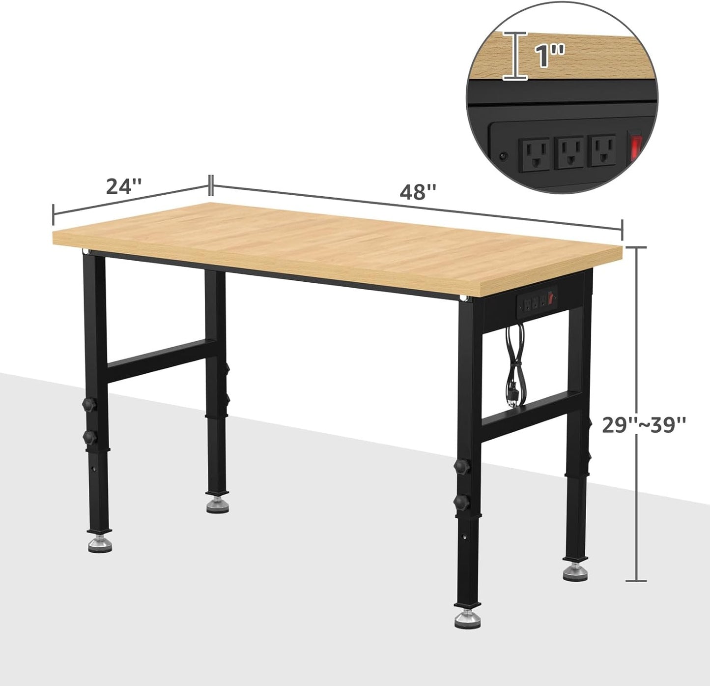 48" Adjustable Workbench,Heavy-Duty Work Table,3000 LBS Load Capacity Particleboard Hardwood Workstation Outlets with Power Strips and Fixed feet,for Workshop, Garage