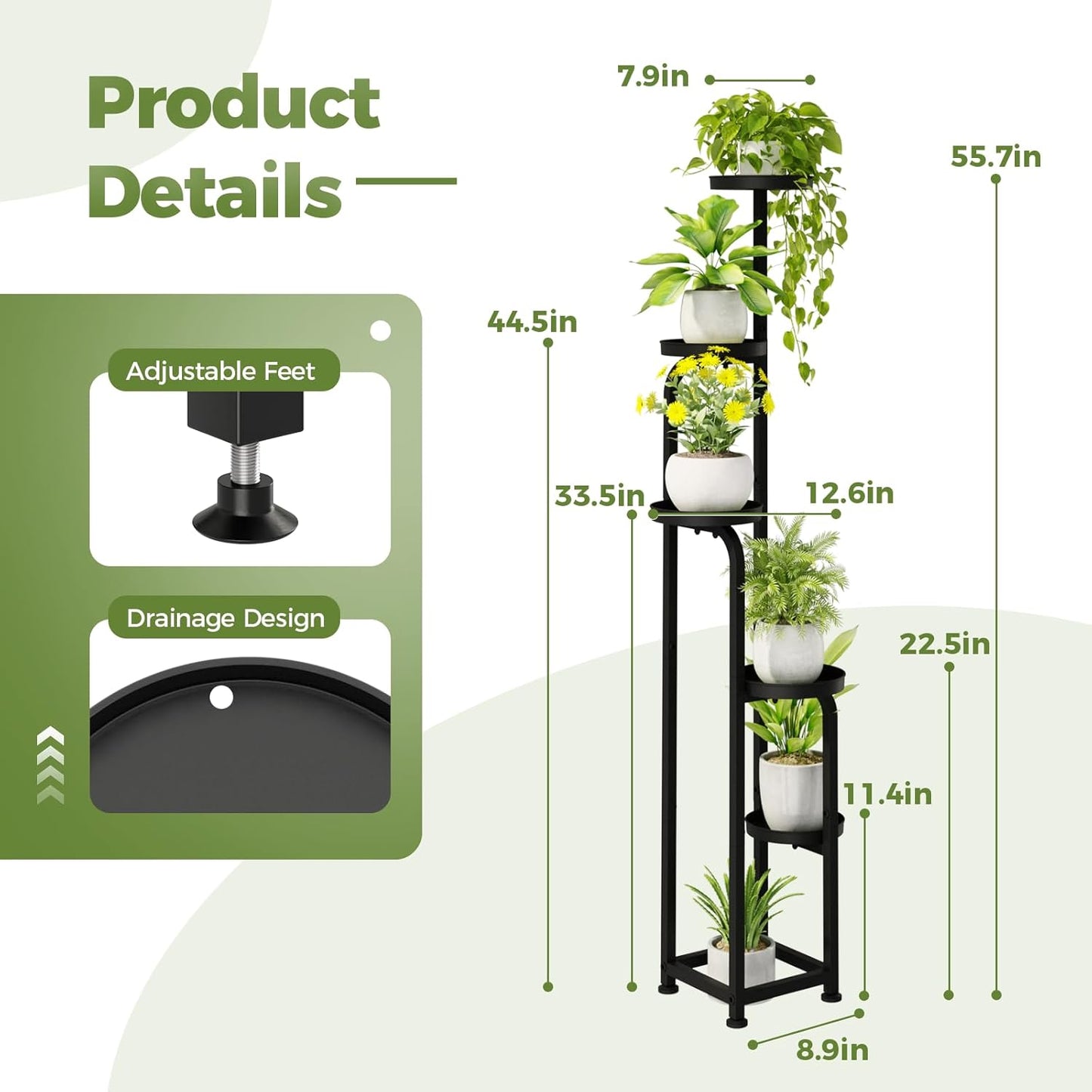 Bamworld Tall Plant Stand Indoor Outdoor, Corner Metal Flower Pot Stands for Multiple Plants, 5 Tier Heavy Duty Plant Shelf for Patio Garden Balcony Living Room Bedroom