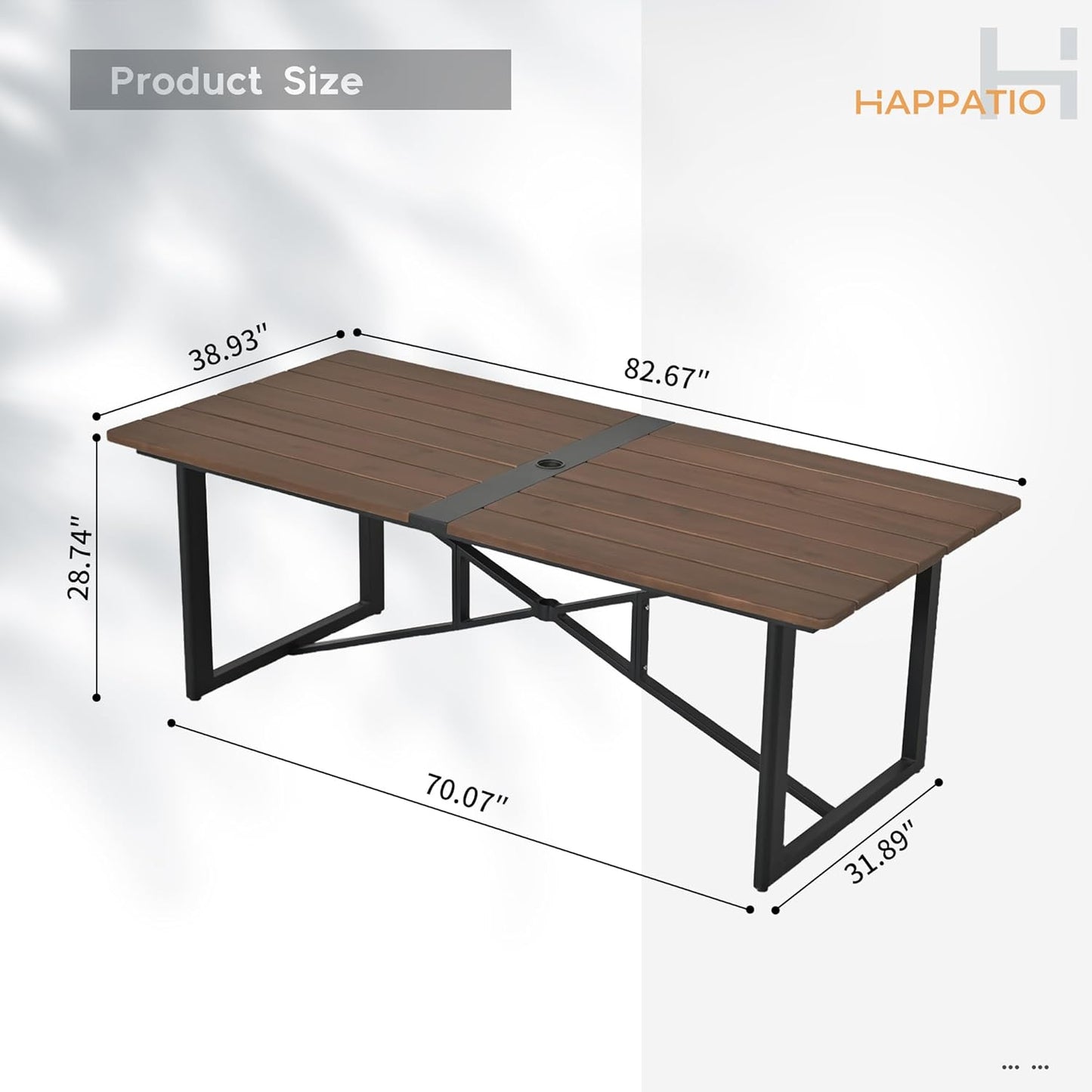 HAPPATIO Outdoor Acacia Wood Dining Table, 8-Person Patio Dining Table with Powder-Coated Aluminum Frame, Rectangle Outdoor Dining Table with Umbrella Hole for Deck Yard Garden