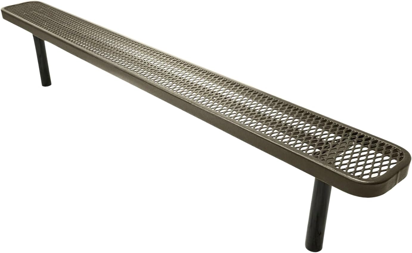 Heavy-Duty Outdoor Bench Thermoplastic Coated, Expanded Metal, Commercial-Grade Seating, Made in America (Inground Without Back, 8 Ft, Textured Gold Vein)
