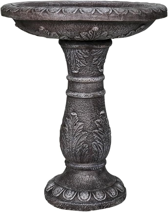 watnature 24.4" H Cement Bird Bath for Garden- Fibre Reinforced Concrete Bird Baths for Outdoors, Large Size Vintage Carved Pedestal Birdbath for Patio, Yard, Lawn -20”Dia. X 24.4”H Bird Fountain