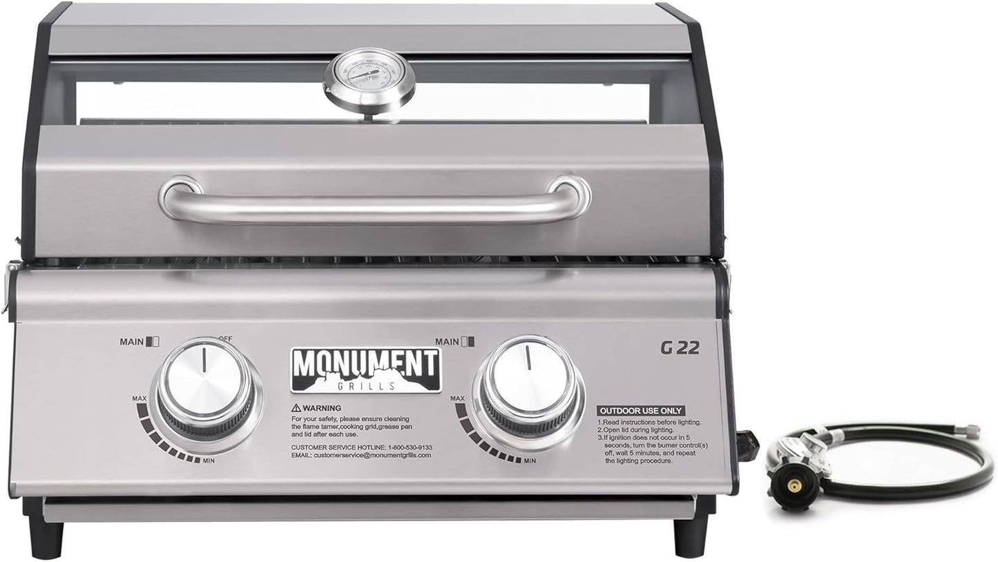 Portable Propane Gas Grill 2-Burner Tabletop Clearview® Monument Grills for Outdoor Camping Cooking, Two 15,000 BTU Burners, Stainless Steel, and Built-in Thermometer