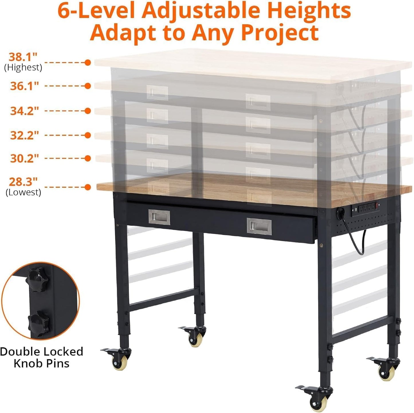 48'' Adjustable Workbench on Wheels, 2000LBS Heavy Duty Worktable with Power Outlets & Drawers & Pegboard, Rubberwood Workstation for Workshop, Garage, Office, Home