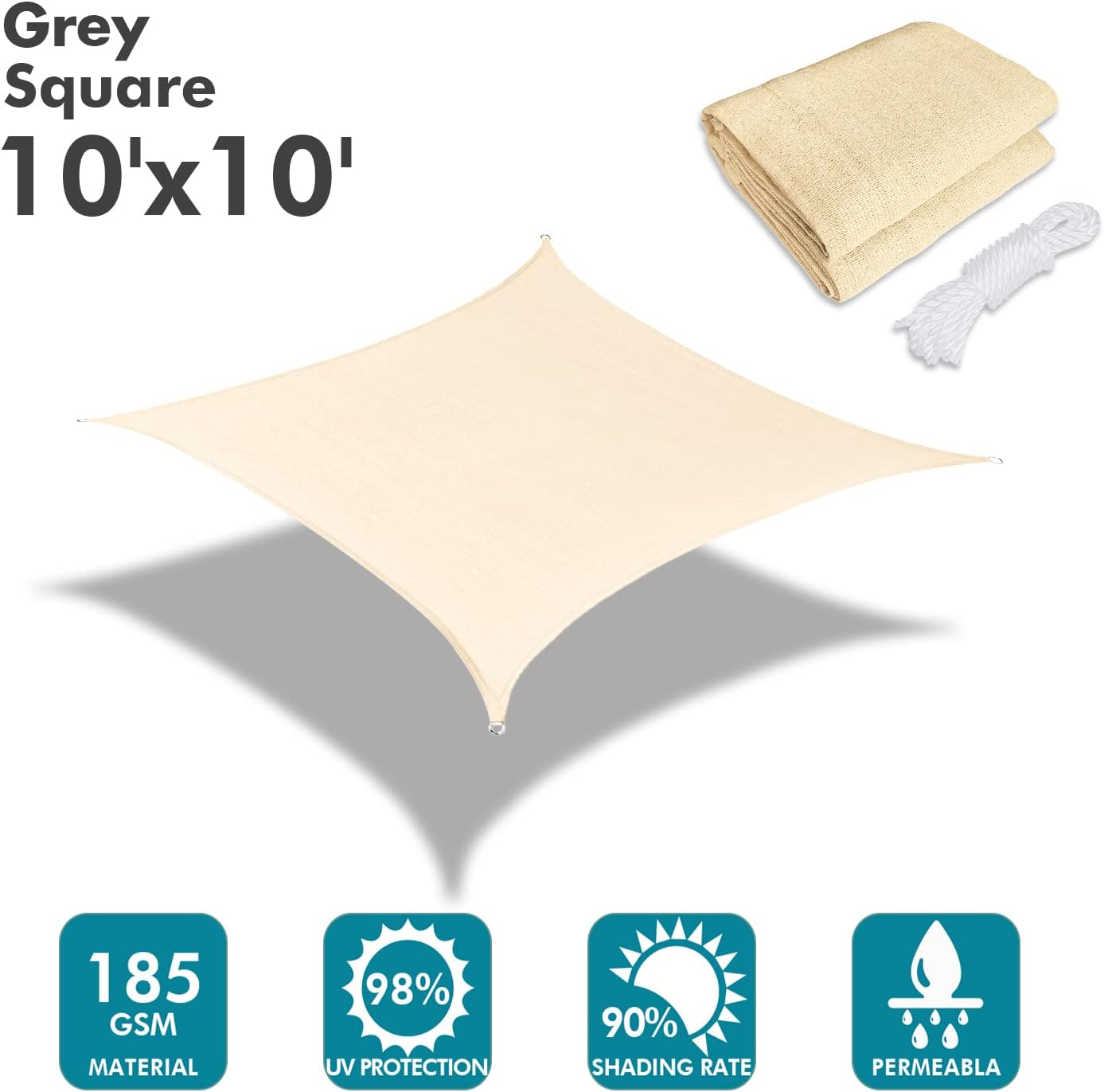 KANAGAWA Sun Shade Sail 10'x10' Cream Rectangle UV Block Canopy Awning Shelter Fabric Cloth Screen for Outdoor Patio Garden Backyard