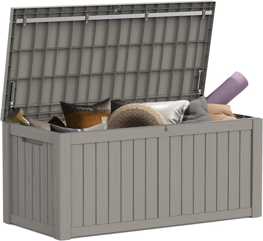 Mars Villa 119 Gallon Outdoor Storage Box Waterproof, Large Resin Deck Box for Pool Supplies Storage, Outdoor Patio Furniture Cushions, with Hydraulic Hinge, UV-Resistant and Weatherproof, Greige