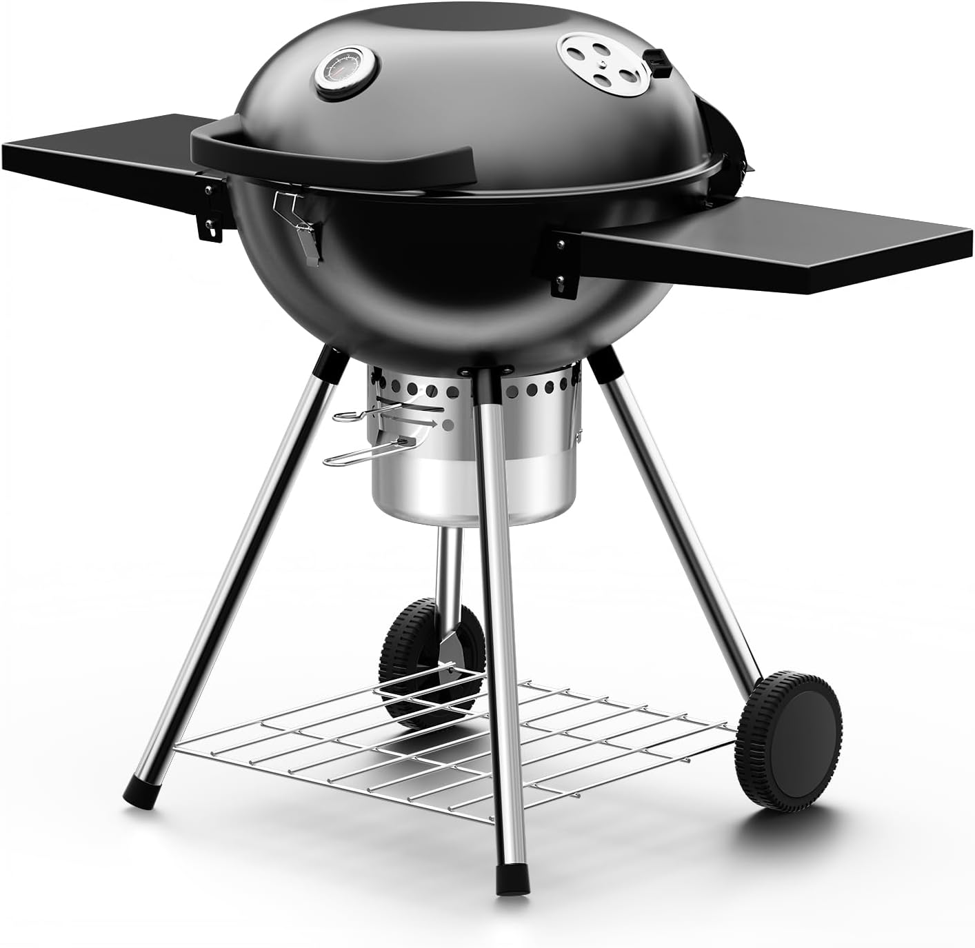 Premium 22 Inch Charcoal Grills with 2 Foldable Tables, BBQ Grill with Cover, Outdoor Barbecue Grill with Ash Catcher, Portable Charcoal Kettle Grills with Wheels for Camping Party Backyard