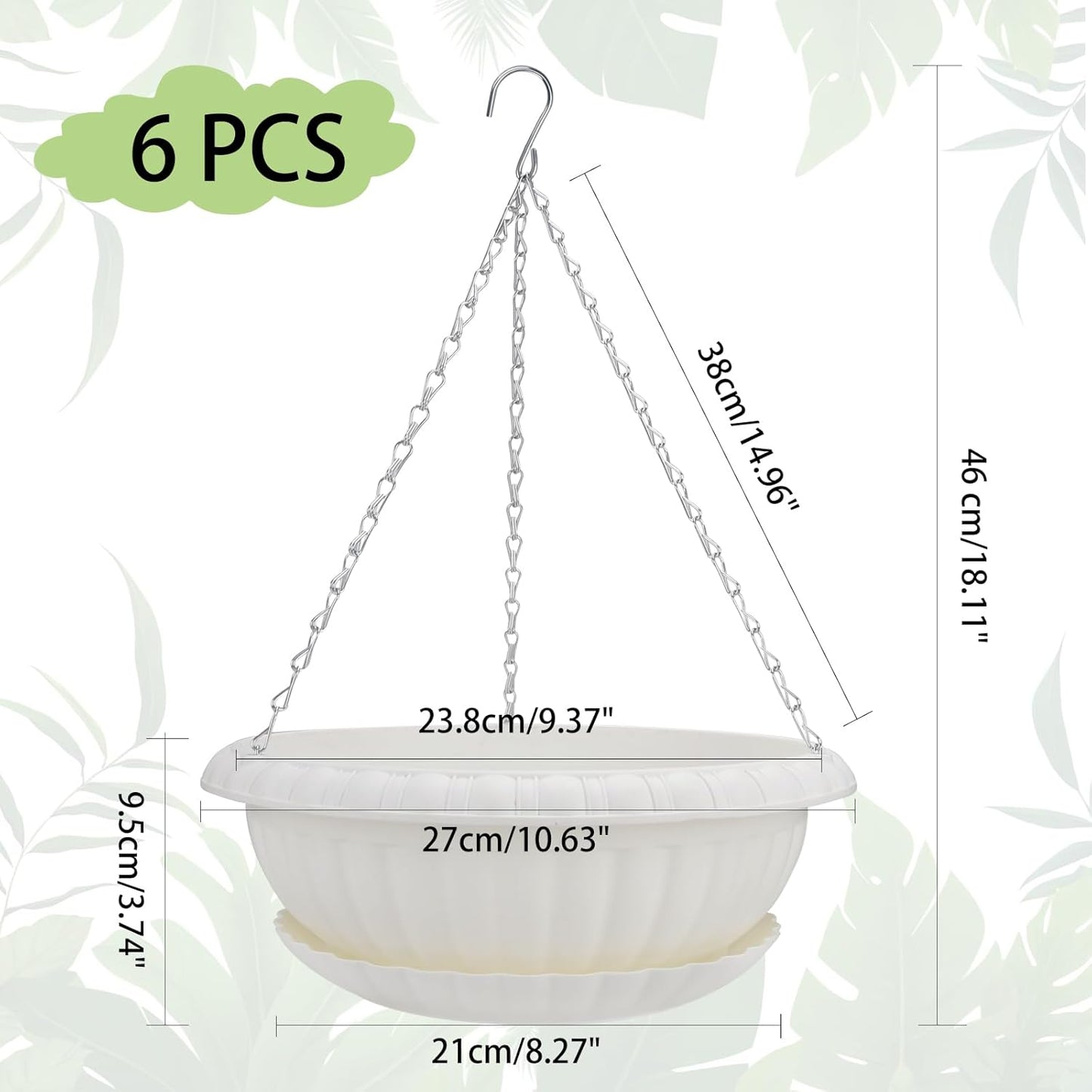 10.63in Hanging Planter Pots for Outdoor and Indoor Plants Flowers with Drainage Hole Tray Hooks Plastic Plant Baskets for Garden Home Porch (White, Pack of 6)