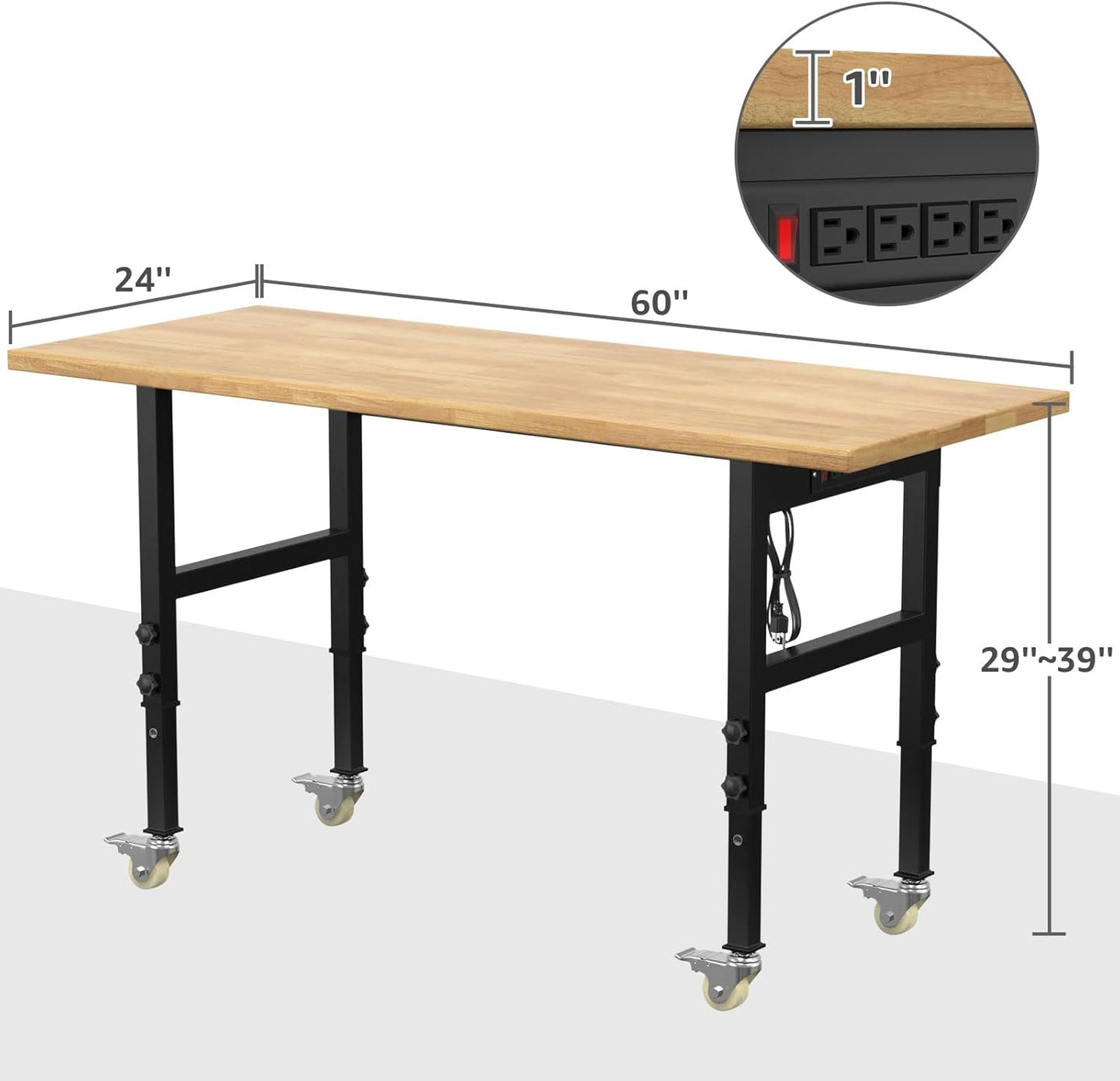 60" Adjustable Workbench,Heavy-Duty Work Table,3000 LBS Load Capacity Hardwood Workstation Outlets with Power Strips and Wheels,for Workshop, Garage