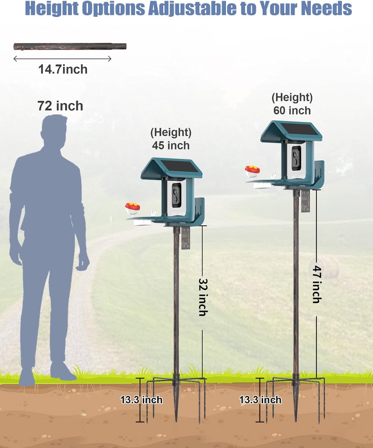 Bird Feeder Pole Stand – 60 Inch Height Feeding Station with 1-Inch Dia Heavy Duty for Hanging Feeders, Bird House Pole Mount Kit for Outdoor, Slip-Fit Connection，Copper Brushed