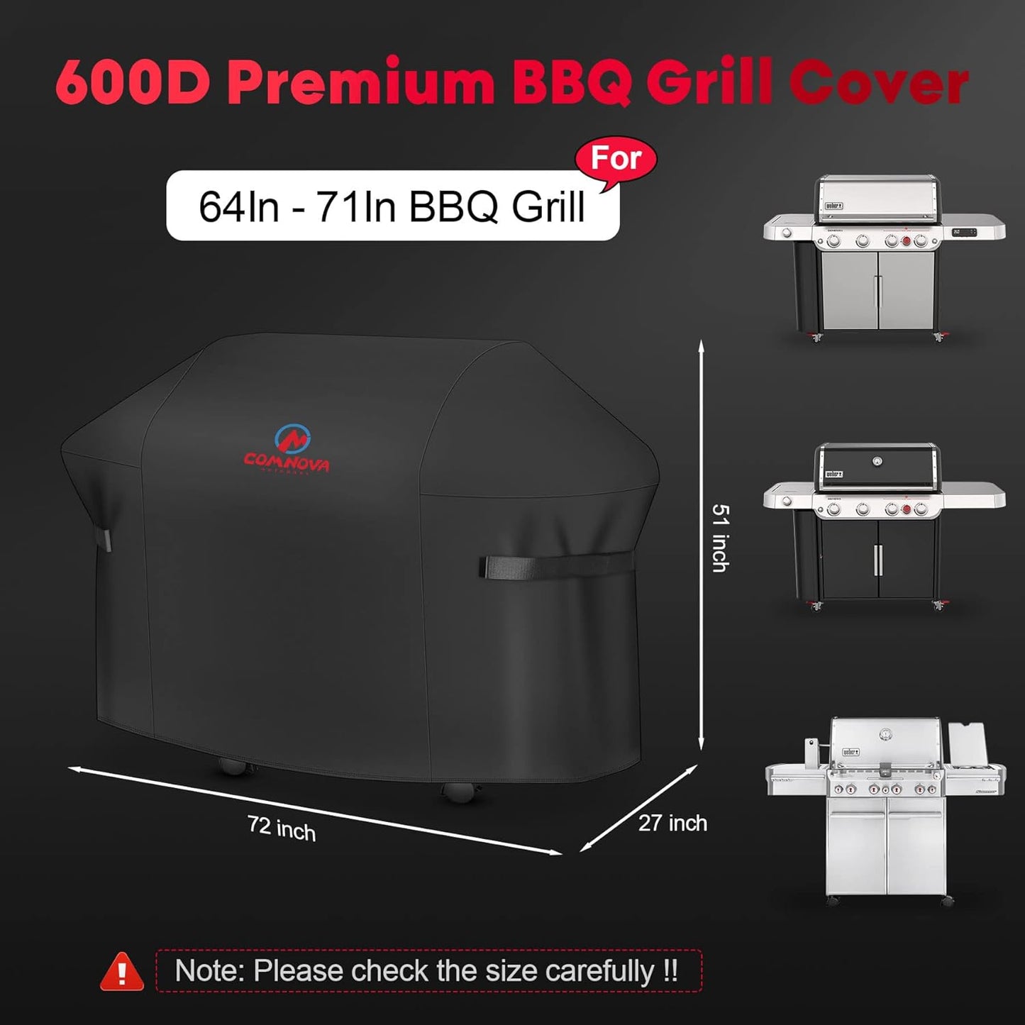 Comnova Grill Cover 72 Inch - 600D BBQ Cover for Outdoor Grill Heavy Duty and Waterproof, Large Barbecue Gas Grill Covers for Weber, Char-Broil, Nexgrill, Monument, Dyna-glo, Brinkmann and More