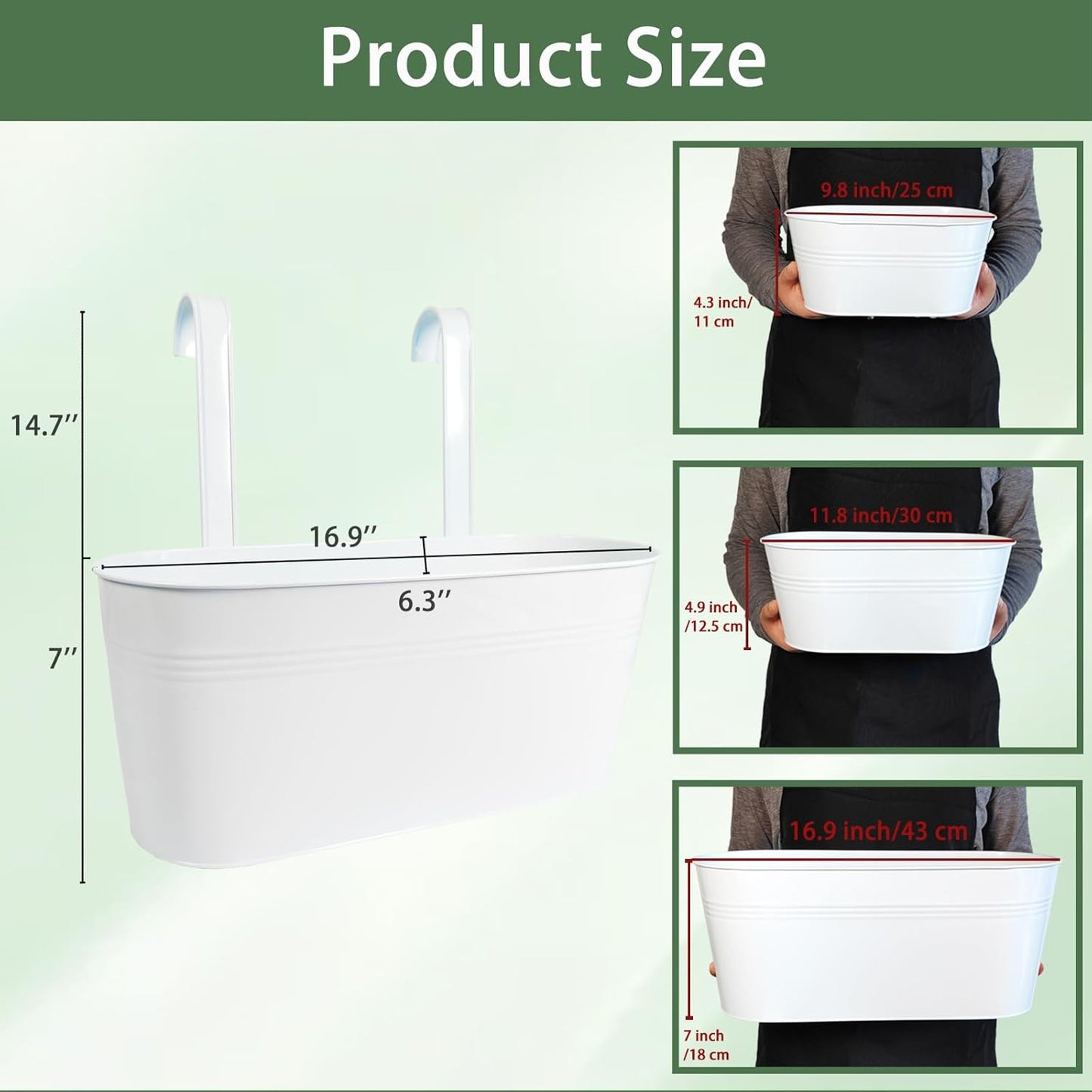 Hanging Planters for Outdoor Plants, 17" Railing Planter Pots, Metal Fence Flower Pot for Porch Balcony with Detachable Hook (White, Pack of 8)