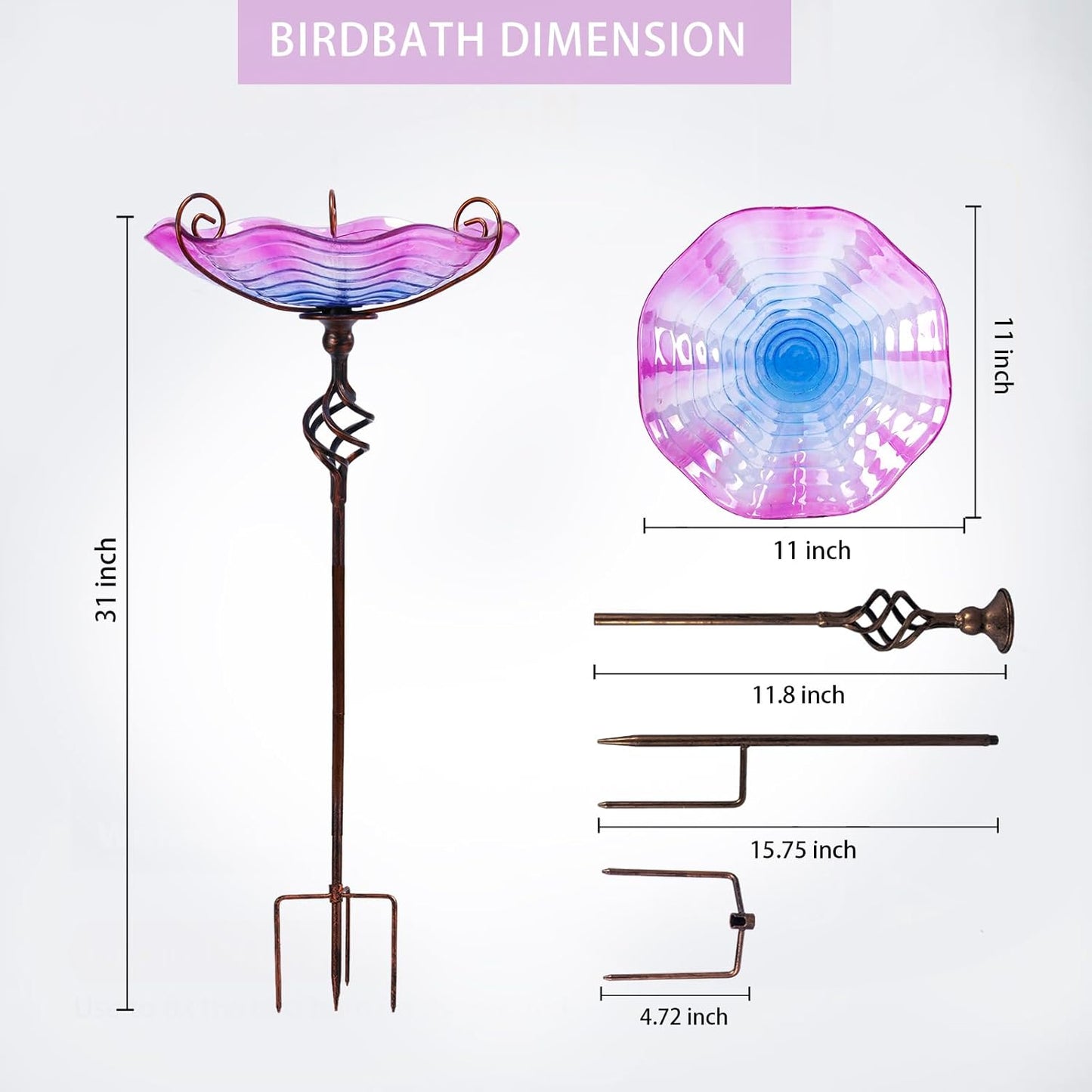 MUMTOP 31 Inch Height Glass Birdbaths, Outdoor Bird Bath Birdfeeder with Metal Stake Garden Yard Outside, Purple