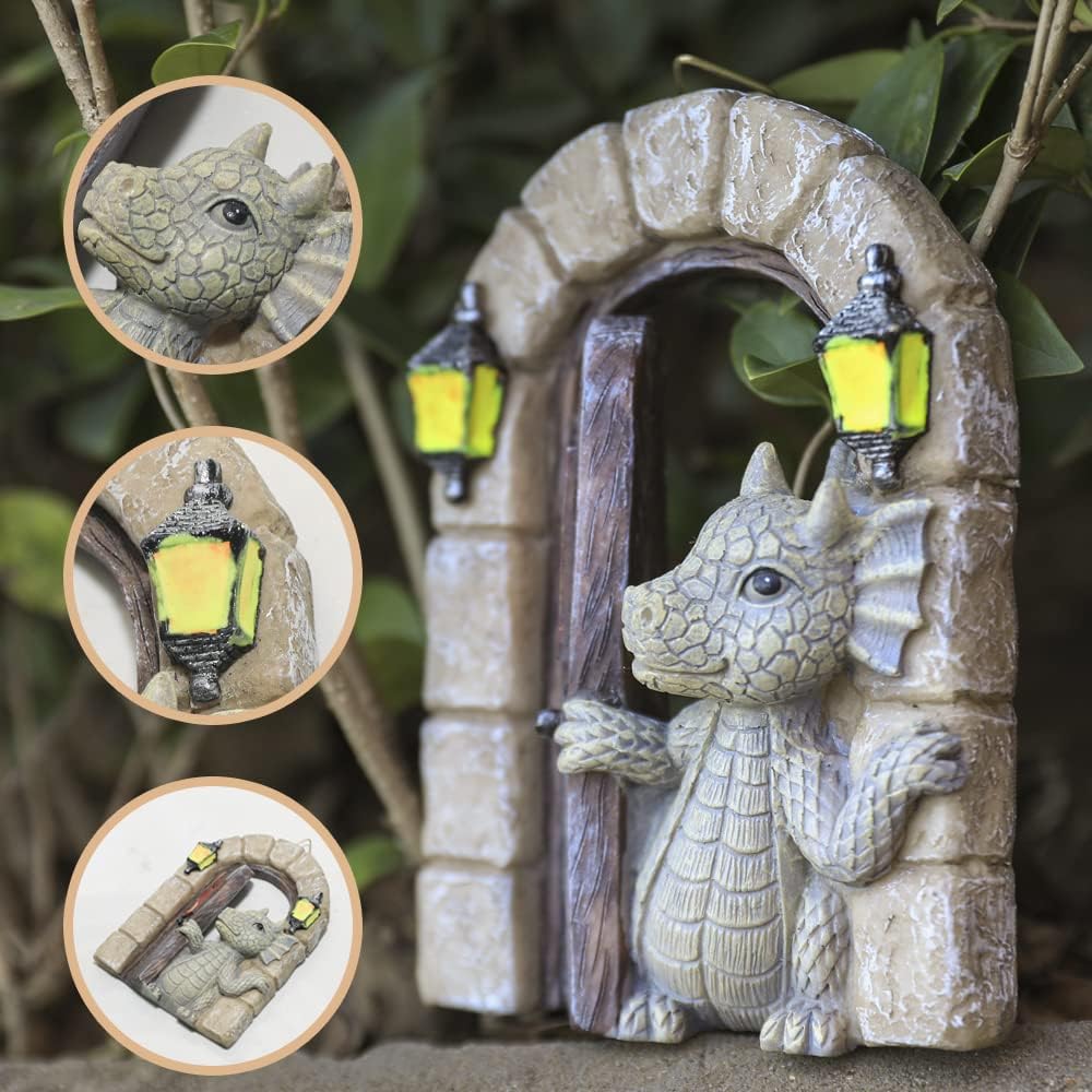 Dragon Garden Ornament Resin Craft Ornament Statue Fairy Door Yard Art Outdoor and Garden Solar Light Luminous Sand Open Door Dragon Wall Statue Outdoors Decor (Open The Door)