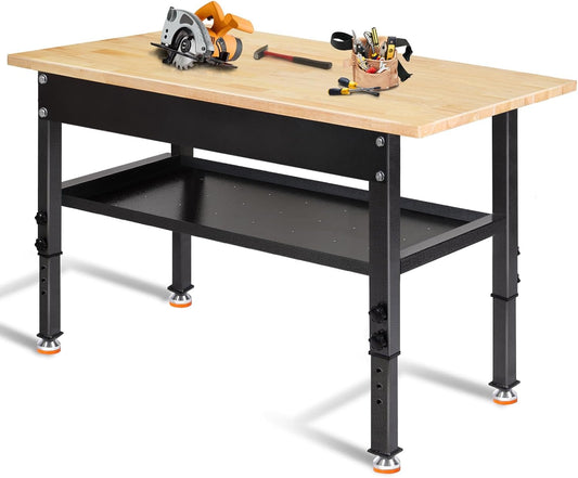 48"/60'' Adjustable Workbench, Rubber Wood Work Bench Heavy-Duty with Partition,2000 LBS Load Capacity Hardwood Work Table for Garage, Workshop, Home, Office, Easy Assembly (w/partition,48'')