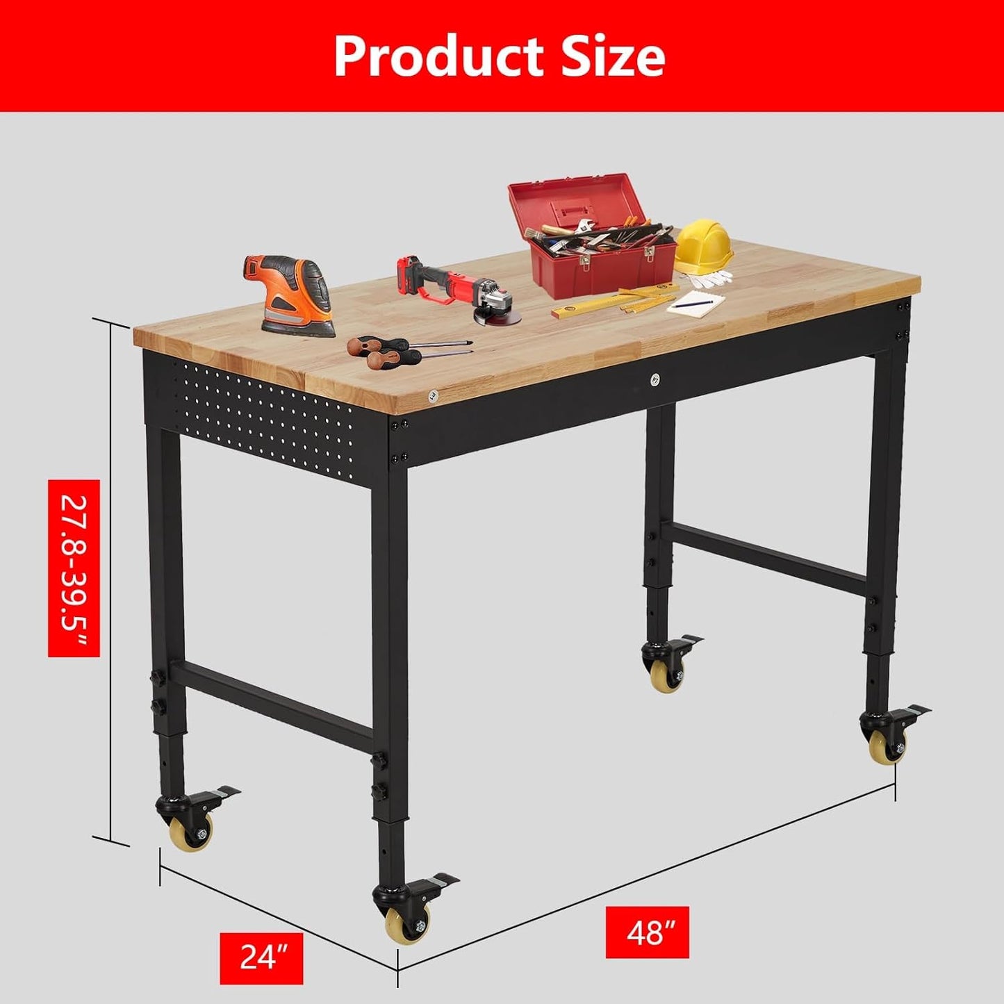 48'' Adjustable Workbench, Heavy Duty Workbench with Power Outlet and Lockable Wheels, 2000 LBS Capacity, Work Table Suitable for Office, Garage, Workshop