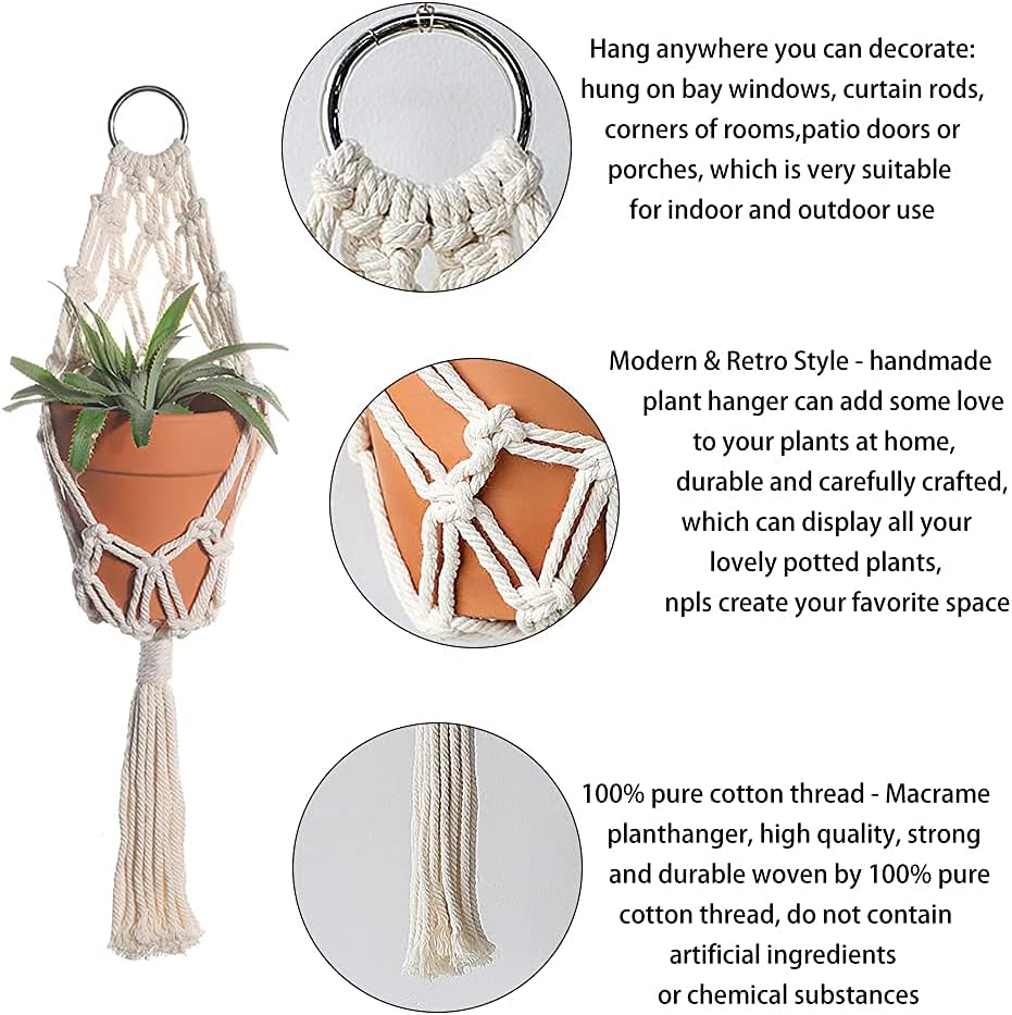 Boho Macrame Plant Hangers - Handmade Hemp Rope Hanging Baskets for Indoor Plants with Ceiling Hooks, Bohemian Home Decor Outdoor Wall Art