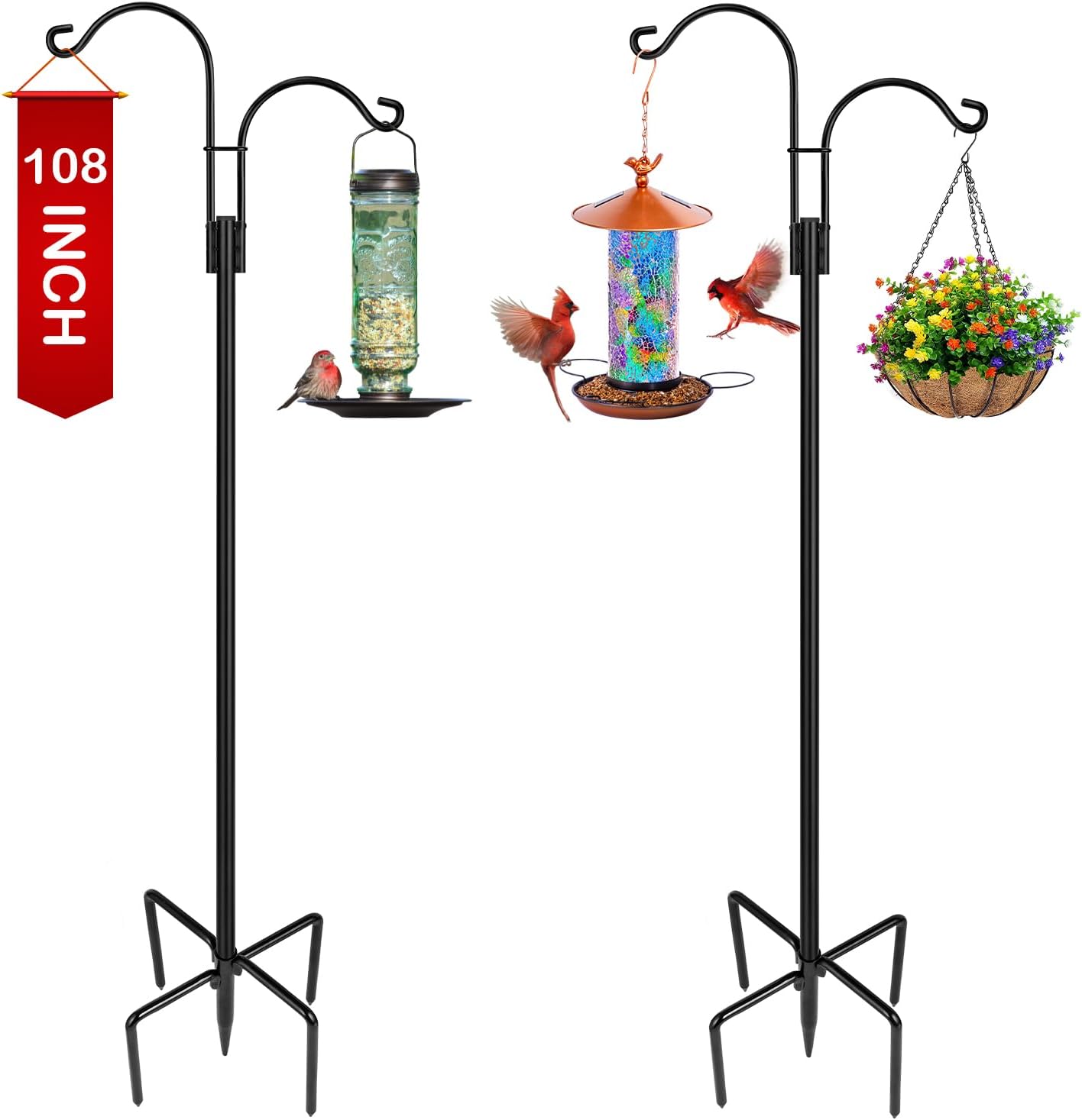 XDW-GIFTS Double Shepherds Hooks for Outdoor, 2-Pack Heavy Duty Garden Pole for Hanging Bird Feeder, Plant Baskets, Solar Light Lanterns, Garden Plant Hanger Stands with 5 Base Prongs