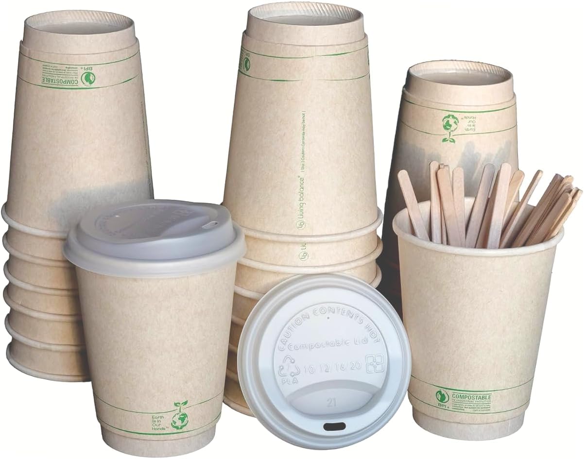 Living Balance Certified Compostable Coffee Cups with Lids 12 oz – 100 Pack Cups with Stirrers & Integrated Sleeves | Leak Proof, BPA-Free & PLA Certified Plant-based | To-Go cup for Hot & Cold Drinks