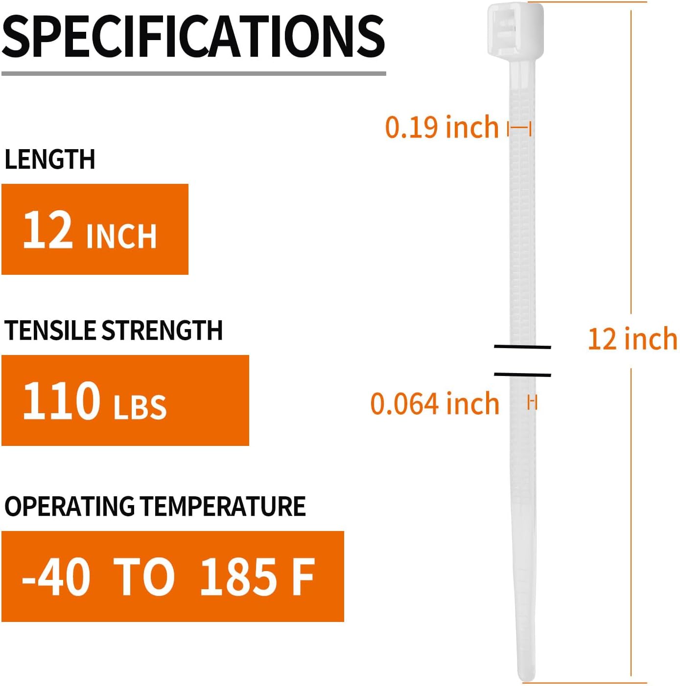 12 Inch White Zip Ties (200 Pack), 2025 New Patented Design,110 LBS Tensile Strength, Self-Locking Nylon PA66 UV Resistant Cable Ties for Indoor and Outdoor Use