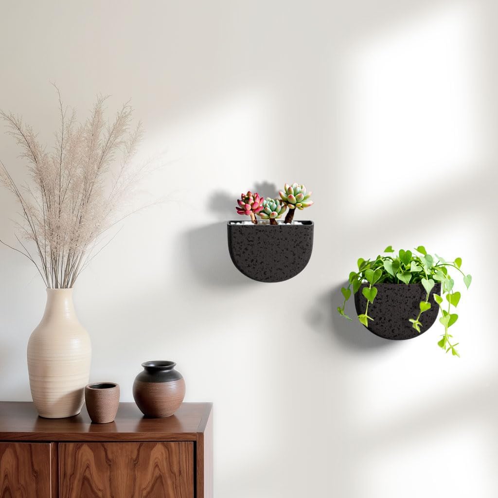 2 Pack Wall Hanging Planter Pots for Indoor and Outdoor Plants, 7 Inch Half-Moon-Shaped Plastic Wall Planter, Wall Mounted Succulent Planters (Iron)