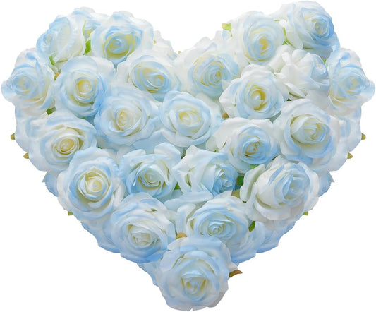 Ice Blue Artificial Roses Fake Flowers Not Bend The Peduncle with Stems for DIY Wedding Bouquets Bridal Shower Centerpieces Arrangements Tables Decorations 24pcs