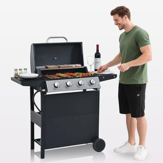 4-Burner Propane Gas BBQ Grill with Porcelain-Enameled Cast Iron Grates and 2 Foldable Side Tables, 34,000 BTU Stainless Steel Grill for Outdoor Camping Barbecue Grilling Backyard Cooking